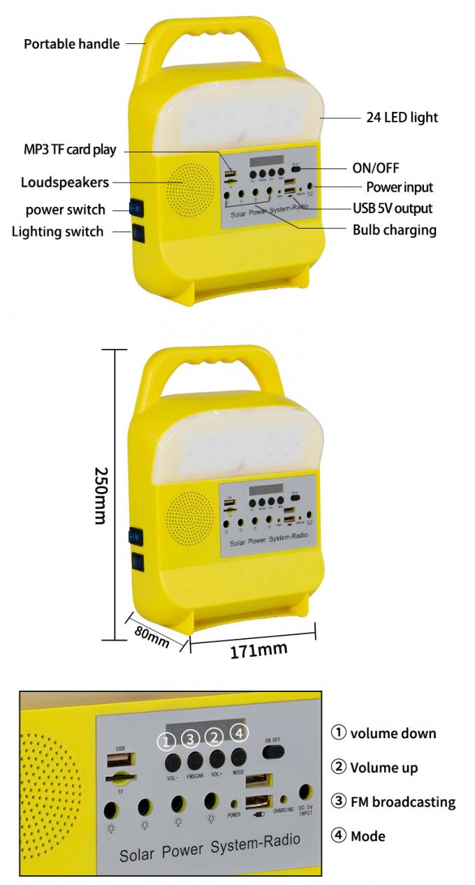 Piccolo sistema di illuminazione solare con la carta di TF/radio doppia di /FM del giocatore Jack/Bluetooth/MP3 di USB
